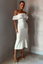 Fuzzy Patchwork Off Shoulder Knit Slim Fit Sweater Midi Dresses-White